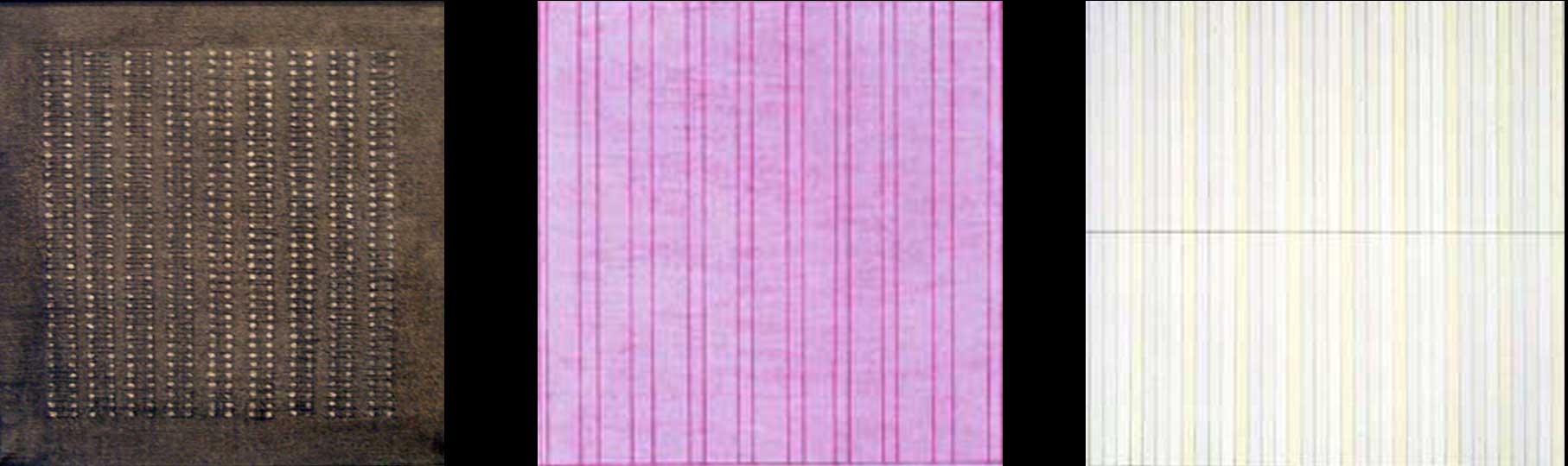 Agnes Martin, three paintings with vertical and horizontal lines on brown, pink, and yellow-and-gray backgrounds.