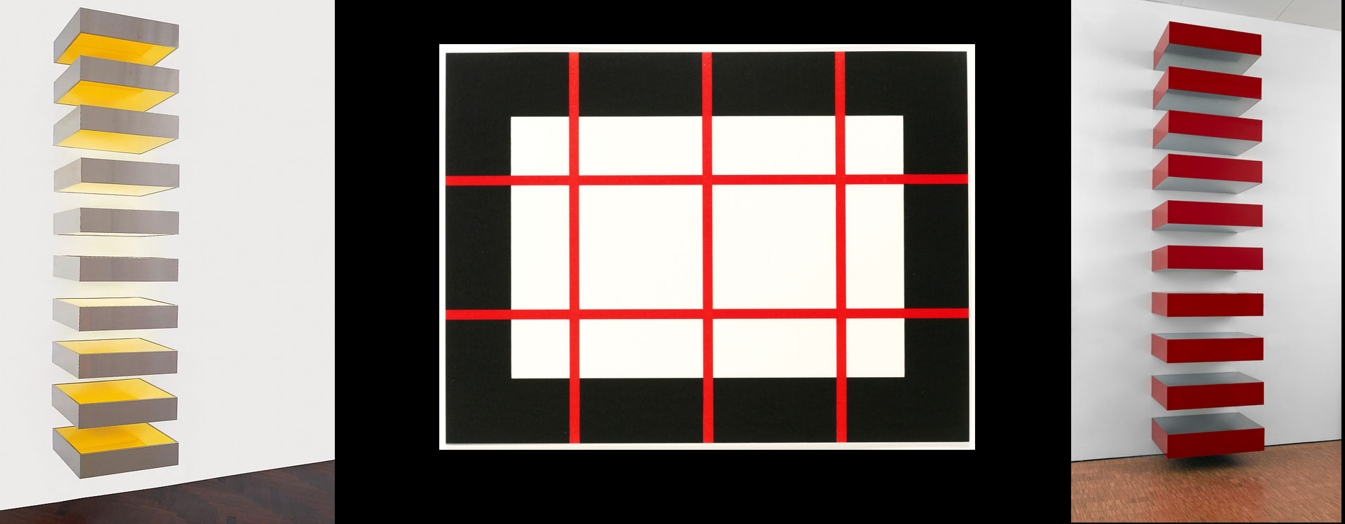 Donald Judd. Two sculptures of colored rectangular blocks attached to a wall and stacked on top of each other with a gap in between. One painting of a red grid on a white rectangle on a black background.