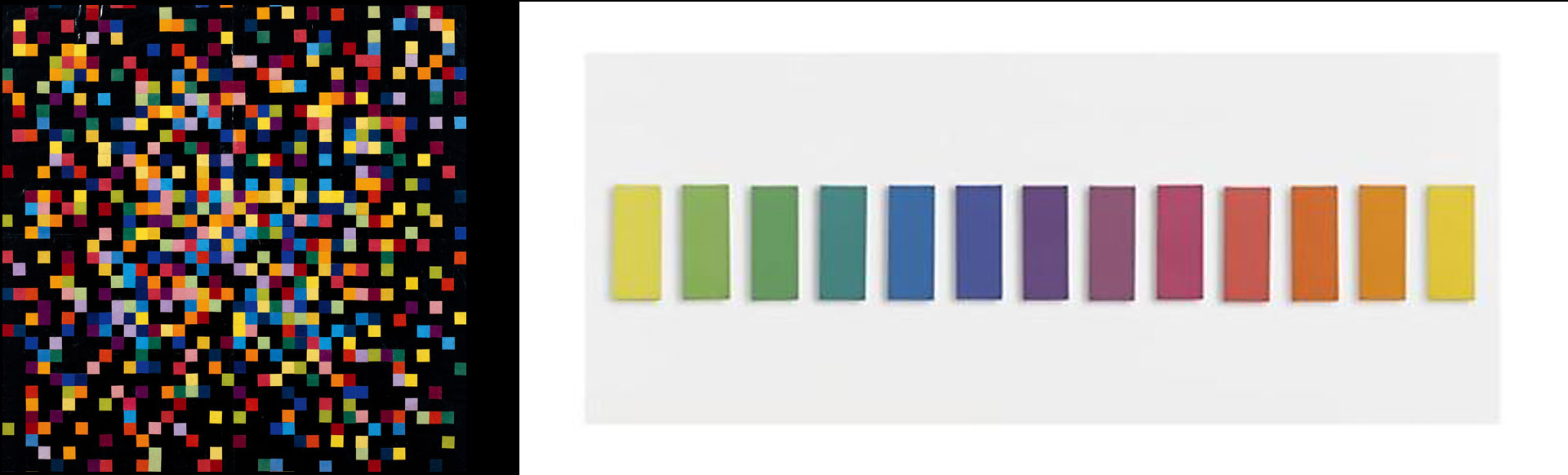 Ellsworth Kelly. One painting of colorful squares arranged in a grid and series of rectangular paintings arranged in a horizontal confirugation, each painting a color of the rainbow.