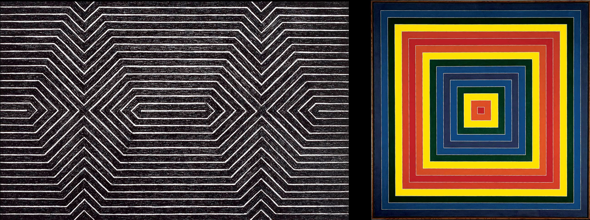 Frank Stella. One painting of colorful concentric squares in blue, yellow, red, black and green. Another painting of repeating lines the shift direction to form two diamond shapes in black and white.