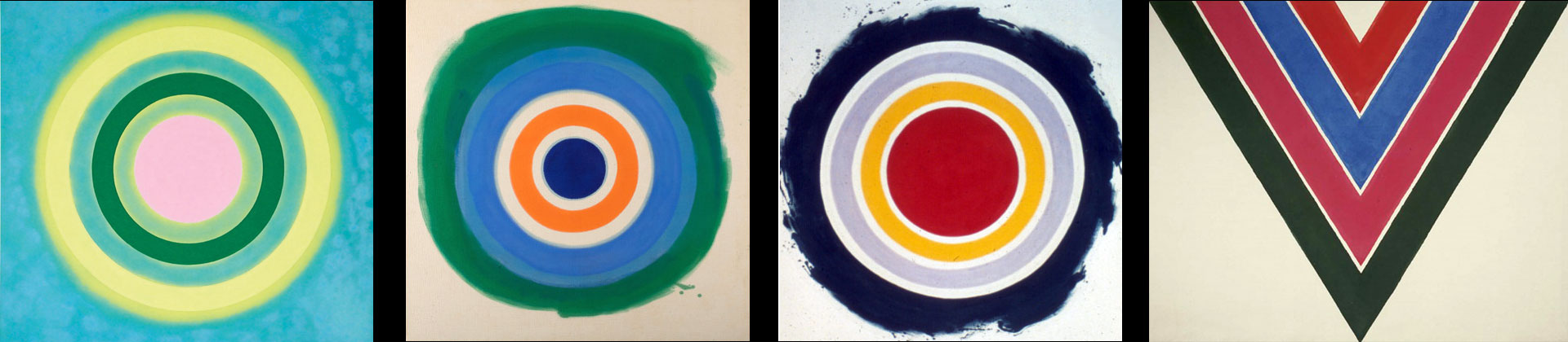 Kenneth Noland, three paintings of concentric circles that look like colorful targets; a fourth painting of a V-shape, repeated and each repetition getting smaller, filling the interior gap between the V's lines.