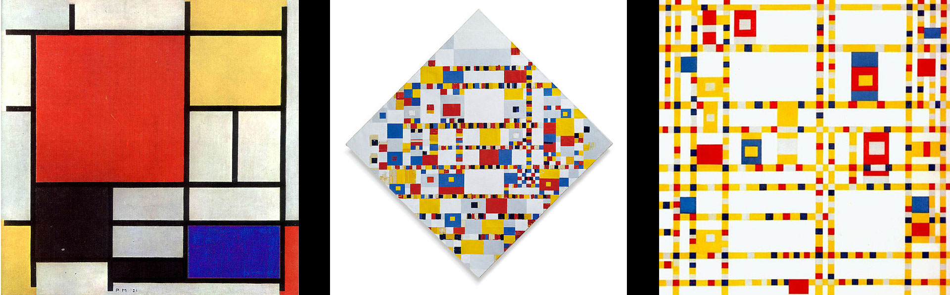 Piet Mondrian, primary colored geometric, retangular shapes and grids