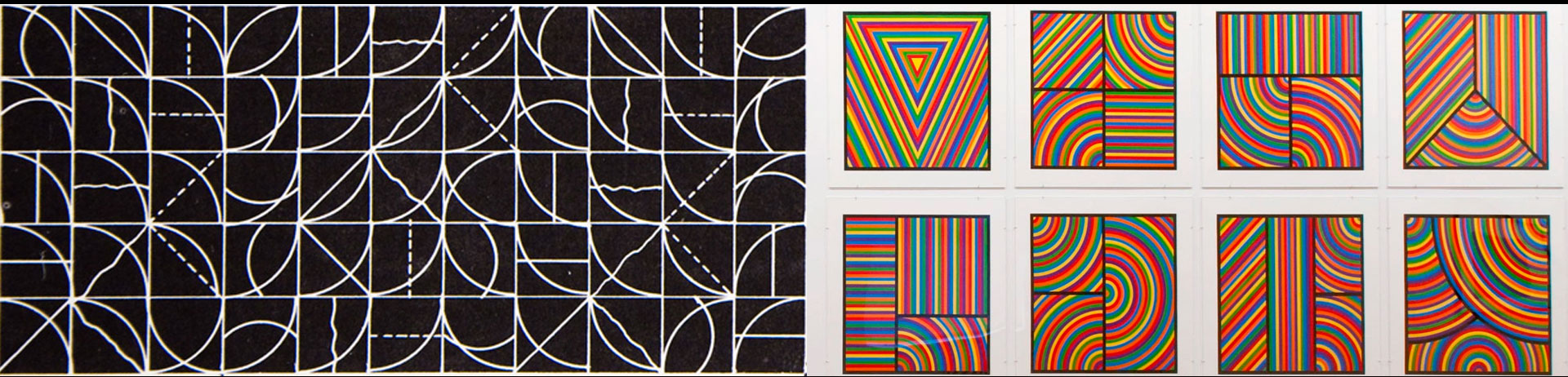 Sol LeWitt, repeating geometric shapes and lines, one painted in black and white and the other in bright colors.