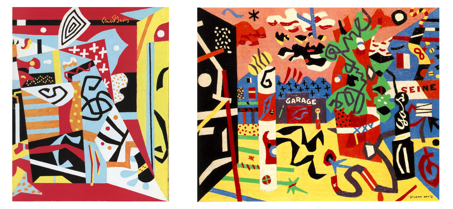 Stuart Davis, brightly colored strips, dots, squiggles, and biomorphic shapes; lots of reds, yellows, and black interspersed with blue, green, and white.