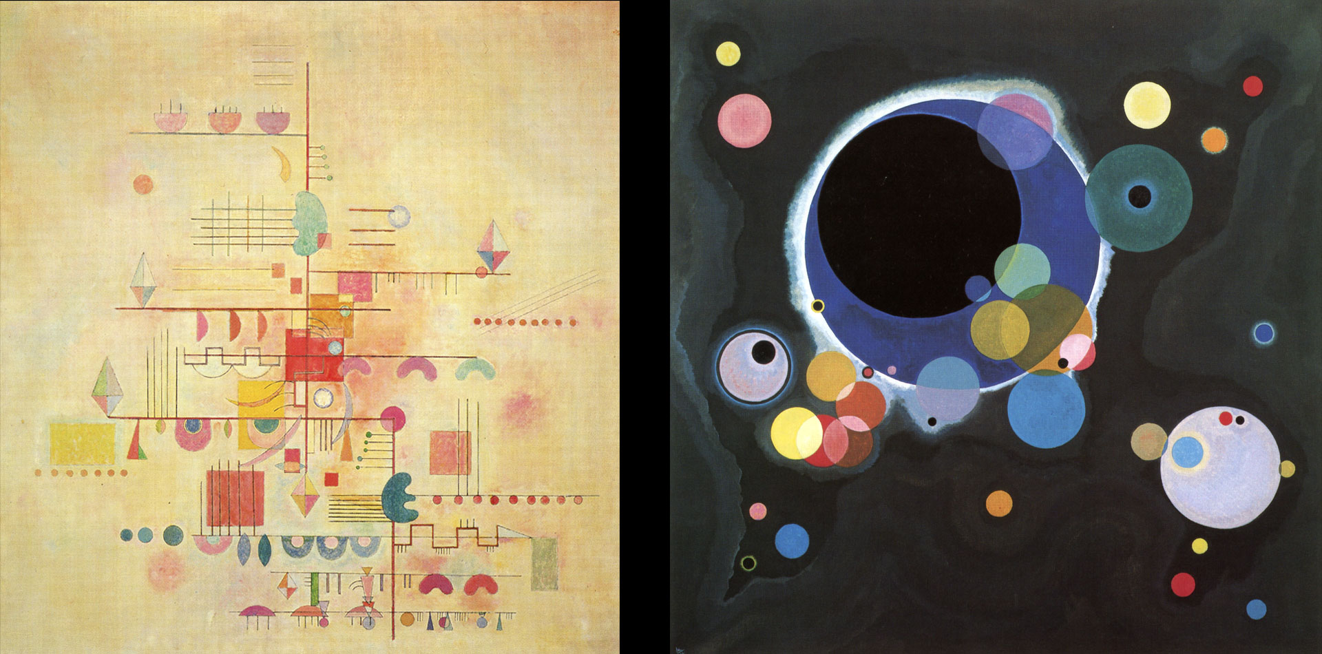 Wissily Kandinsky, two paintings. One painting has a geometric structure populated with semi-circles and organic shapes on a yellow backgroud. The other painting has layerd, colorful circles on black background