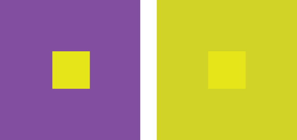 Color Context,  two images, one with a background of purple, the other with a mustard yellow background and a yellow square in the middle of each image; yellow on purple stands out, yellow on mustard yellow recedes or blends into the background