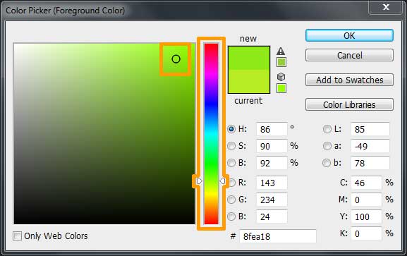 Photoshop's Color Picker, shows the hues in the middle and a hues shift in saturation and brightness on the left